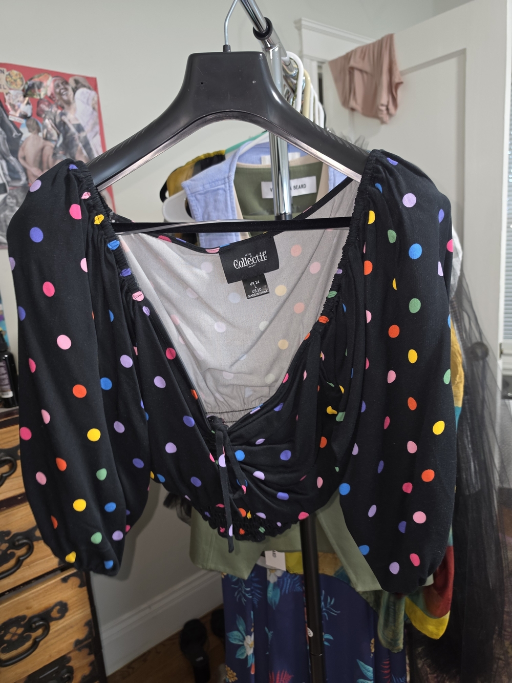 Collectif Black Rainbow Polka Dot Ruched Crop Top